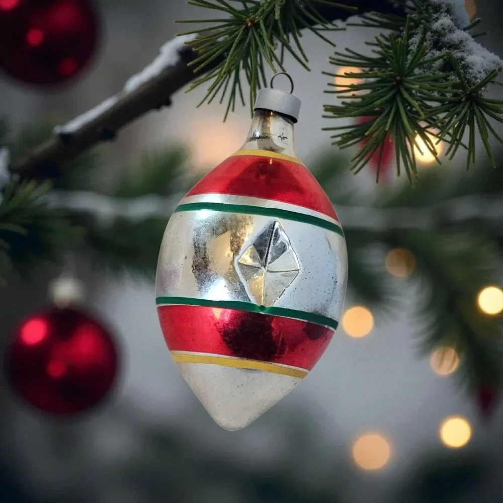 VTG MCM Christmas Ornament Teardrop‎ Reflector Mercury Glass Indent Silver